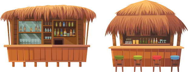 Vector illustration of two tropical tiki bars with thatched roofs, stools, liquor bottles, glasses, and beach-style wooden bar setup
