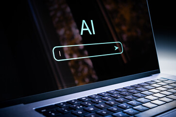 AI generate content with prompt in laptop. Image with artificial intelligence in computer. Work with chatbot and text model. Using search and virtual assistant.