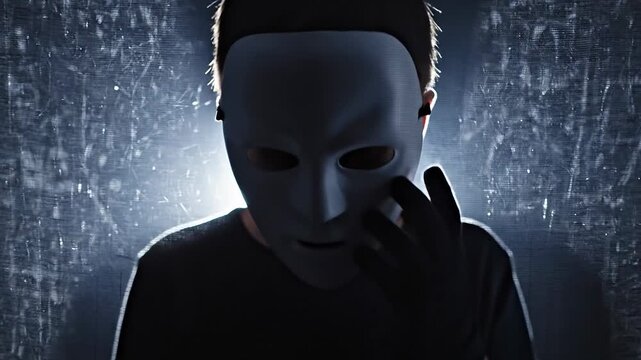 Mysterious figure wearing white mask in dimly lit atmosphere