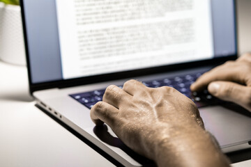 Writing blog content. Writer and computer. Typing article with laptop. Letter, book, text, report or journal. Essay, document or news by journalist man. Editor or author. Online resume.