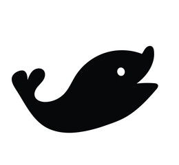 A simple black silhouette of a whale with a white eye on a plain white background in a flat style art