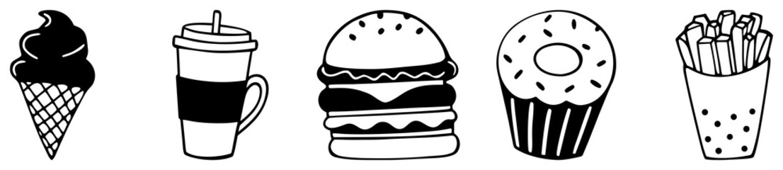Fast Food Doodle Clipart Set | Hand Drawn Burger, Fries, Ice Cream, Donut, and Coffee Cup | Black & White Minimal Line Art for Stickers, Menu Design, Scrapbooks & Digital Planners