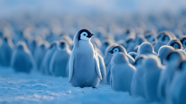 Young flightless aquatic birds huddle together on a vast expanse of snow and ice - Powered by Adobe