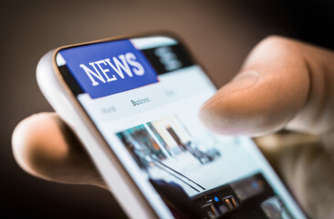 News and press in phone. Read newspaper article and headlines online. Digital media release. Latest blog report or website. Publication portal or magazine app in smartphone.