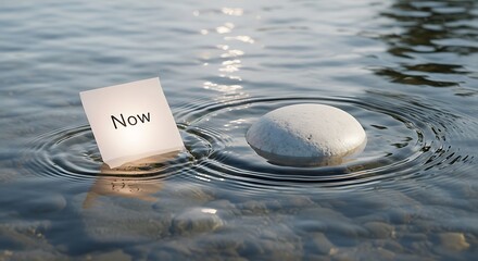 Embrace the present moment with a tranquil ripple effect, symbolizing mindfulness and living life now amidst calm flowing water and smooth stones, a powerful visual for peace and focus.