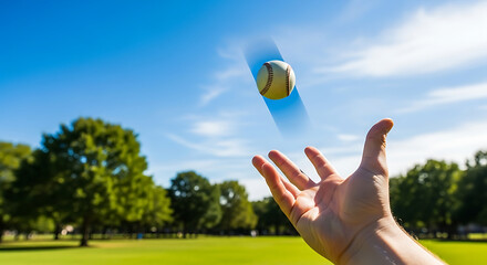 Hand throws baseball high into the air in a sunny park on a bright summer day, symbolizing leisure and recreation.