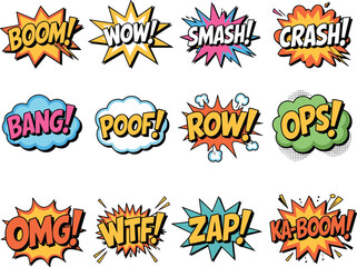 Vector set of twelve colorful comic-style text graphics with expressive words, sound effects, bursts, clouds, and pop art elements