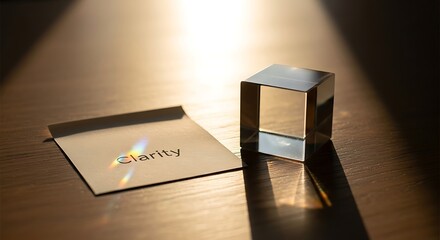 Crystal clear concept of clarity illuminated by prism light, inspiring focus and understanding on a warm wooden surface, perfect for business and personal growth visuals.