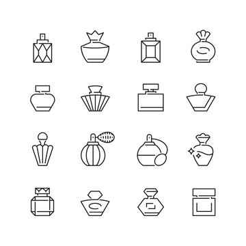 Vector line set of icons related with perfume bottle. Contains monochrome icons like glasses, spray, cosmetic, fragrance and more. Simple outline sign.