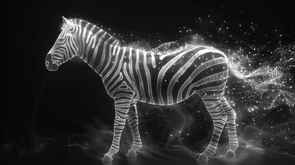 Abstract digital zebra, glowing white outline on a dark background, with particle effects.