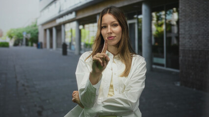 Woman pointing index finger at camera on street, crossed arms and white shirt visible; confidence boundary assertion resolve.
