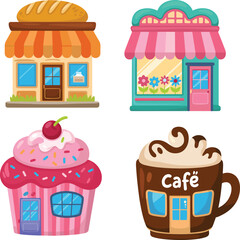 Whimsical storefront illustration featuring bakery, flower shop, cupcake shop, and coffee café with themed architecture and colorful design