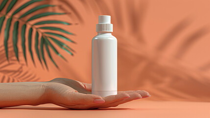 Hand holding a blank white spray bottle,  with tropical palm leaves in the background, against a peachy-orange backdrop.  Soft, diffused lighting creates a serene and healthy aesthetic..