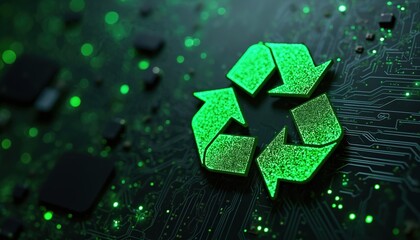Obraz premium Green recycle icon on tech circuit board. Recycle symbol with digital texture, modern tech feeling. Electronic waste management, sustainable future. Tech firms and eco activists can use it.