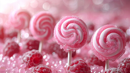 Pink lollipops and raspberries on a sugared surface.