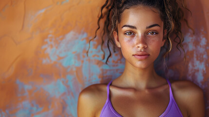 Young woman with serious expression, resting against a wall, with a neutral expression.