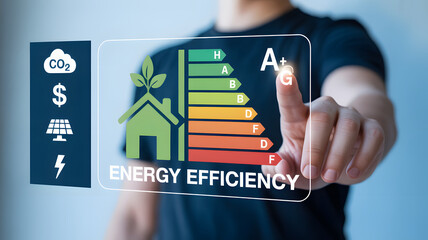 Empowered professional interacts with digital energy efficiency rating system, visualizing cost savings and sustainability goals for a greener future.