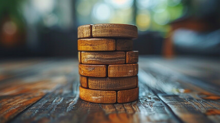 Stacked wooden discs on a rustic wooden surface.