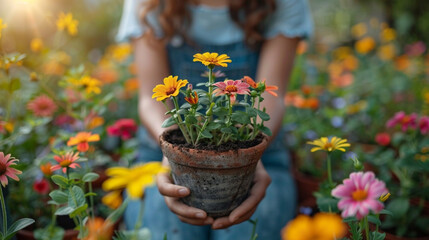 Child holding flower pot with colorful flowers.