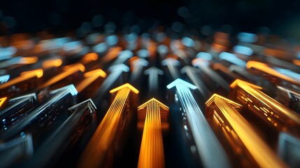 Multiple illuminated directional indicators surge forward in a dynamic digital presentation