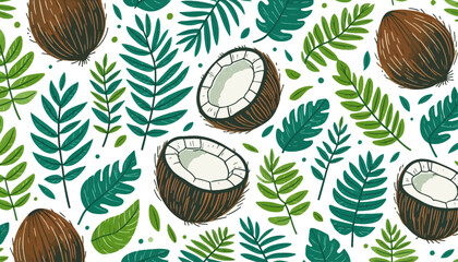 coconut and wild leaf vector hand drawn seamless pattern background