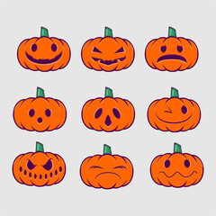 Set of 9 cartoon Halloween pumpkin expression 