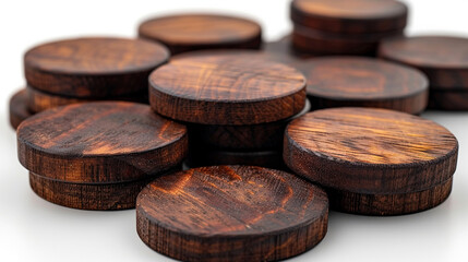 Stacked, circular, wooden coasters, rich brown tone, on white background. Close-up view.