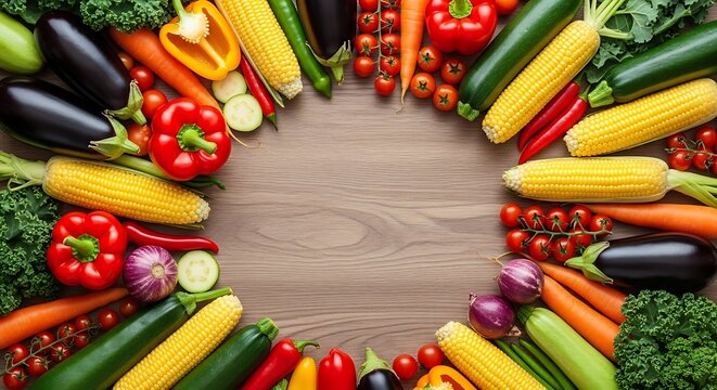 Arrangement of Fresh Colorful Vegetables Forming a Frame on Wood Surface