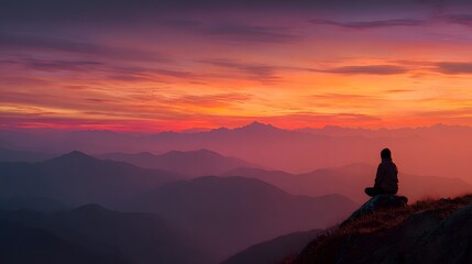 Fototapeta premium Solitary figure meditates upon a mountain peak against a vibrant twilight sky