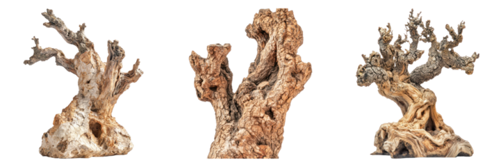 Three unique bonsai trees against a clean background, showcasing their intricate forms and textures