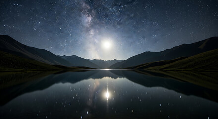 Milky way reflects in still lake surrounded by mountains under a bright moon creating a serene and magical atmosphere in the wilderness at night.