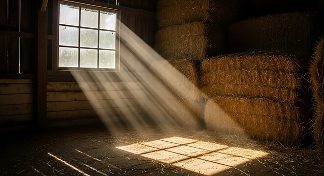Golden sunbeams streaming through a dusty old window, illuminating the hay-strewn floor of a rustic farm barn - Powered by Adobe