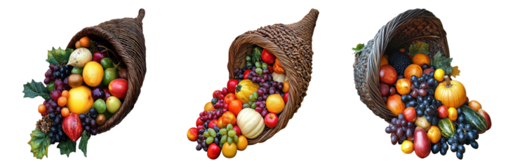 Overflowing cornucopia of colorful fruits and vegetables, a symbol of abundance and harvest celebration. These horns of plenty are overflowing with vibrant produce, a feast for the eyes