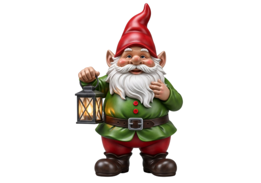 Garden gnome holding a lantern, isolated on transparent background