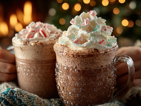 Close-up of two people clinking mugs of hot chocolate with whipped cream and candy canes, soft firelight reflecting off the cups.