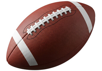 A brown american football with white stripes and white laces, isolated on transparent background