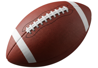 A brown american football with white stripes and white laces, isolated on transparent background