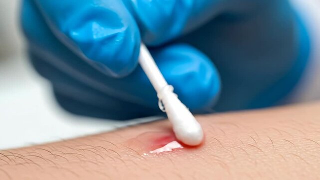 Doctor in blue gloves treating a skin inflammation with a cotton swab, pus extraction from a pimple on arm. Acne treatment footage.
