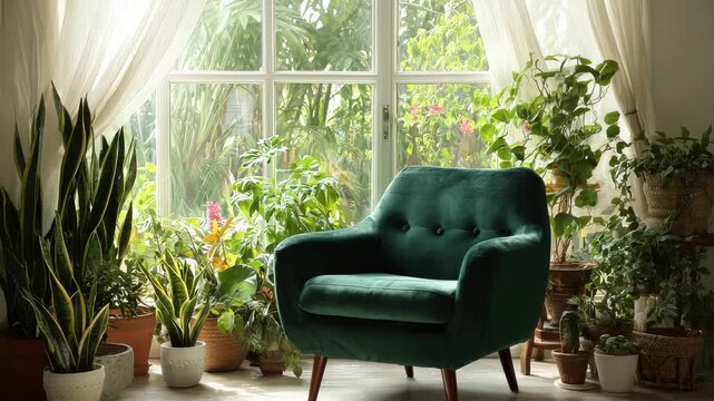 Tranquil Living Room Scene Featuring a Deep Emerald Green Velvet Armchair Surrounded by Abundant Lush Green Potted Plants Illuminated by Soft Natural Sunlight Streaming