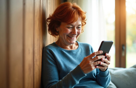 Elderly woman happily uses smartphone at home. Smiling female enjoys online chat, video call, browsing social media on device indoors. Connects with family, friends, enjoys digital content.