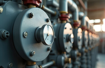 Industrial machinery closeup shows pipeline pressure gauges. System ensures accurate readings. Equipment features various pipes valves. Facility operates with safety standards, precise control