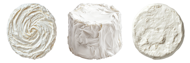 Three gourmet cheeses arranged in a row, featuring varied shapes and textures. Each cheese is presented individually, emphasizing its unique character