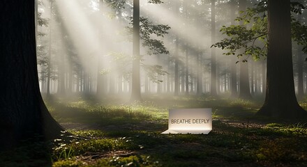Serene forest bathed in ethereal sunlight with a glowing laptop screen displaying 'Breathe Deeply' inspiring peace and mindfulness amidst nature's tranquility