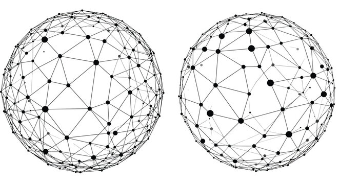 Two geometric spheres constructed from interconnected nodes and lines displayed clearly