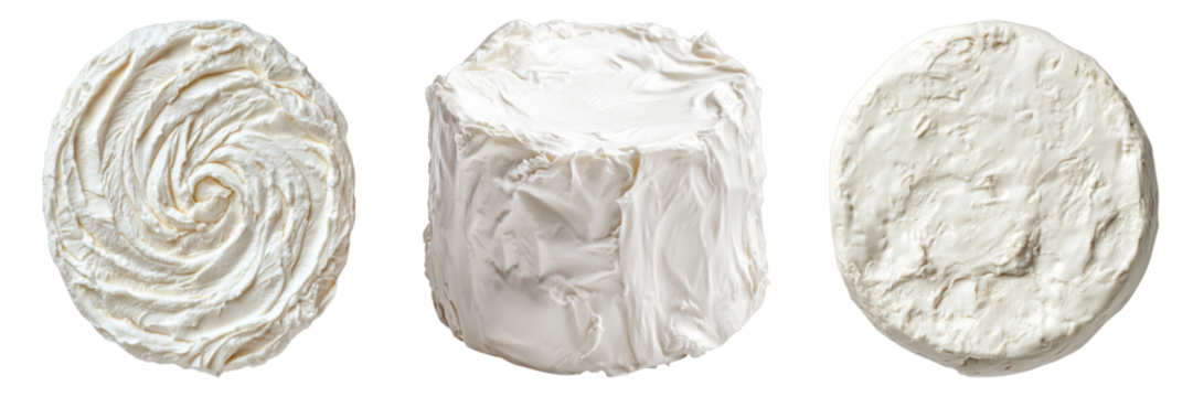 Three gourmet cheeses arranged in a row, featuring varied shapes and textures. Each cheese is presented individually, emphasizing its unique character