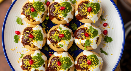 Delicious dahi puri arranged on a blue and white plate, topped with chutneys and spices, creating a vibrant and flavorful Indian street food experience.