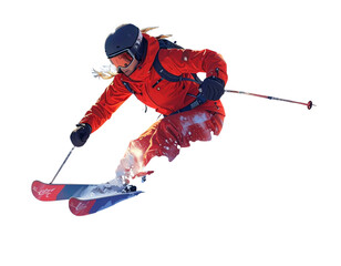 Skier in Mid-Turn on Powdery Slope, Action Angle, Cinematic Winter Scene PNG