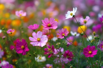 Obraz premium Vibrant flower field featuring cosmos blooms in shades of pink with white and yellow accents, evoking a lively spring or summer ambiance full of freshness and nature's beauty