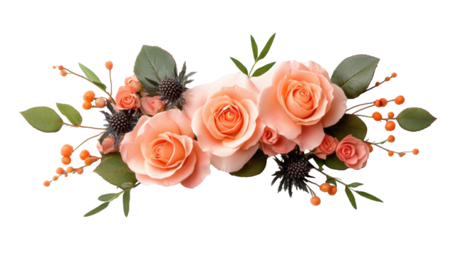 Peach Roses with Greenery on Transparent Background