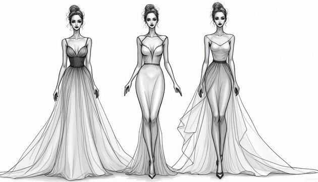 Fashion sketches of three models in elegant gowns. Artistic designs show haute couture dresses with flowing skirts and detailed bodices. Feminine figures wear long evening wear, ideal for style blogs.